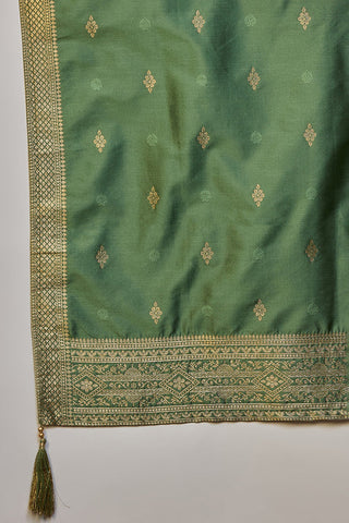 Green Silk Blend Ethnic Motif Printed Suit Set with Dupatta