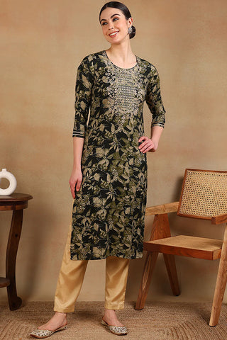 Green Silk Blend Floral Print Straight Shape Kurta