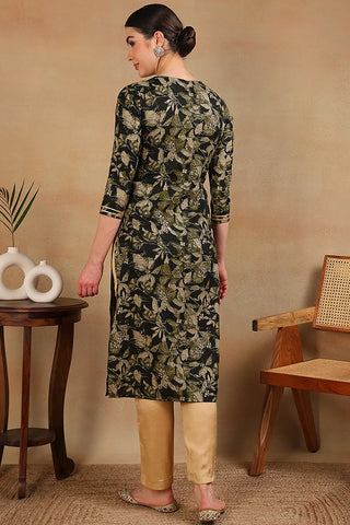 Green Silk Blend Floral Print Straight Shape Kurta