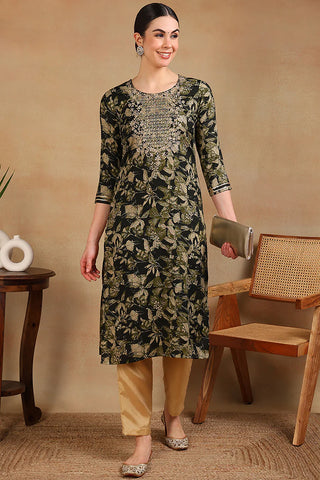 Green Silk Blend Floral Print Straight Shape Kurta