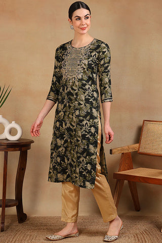 Green Silk Blend Floral Print Straight Shape Kurta