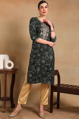 Green Silk Blend Ethnic Motif Print & Embroidered Straight Cut Kurta