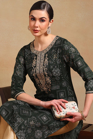 Green Silk Blend Ethnic Motif Print & Embroidered Straight Cut Kurta