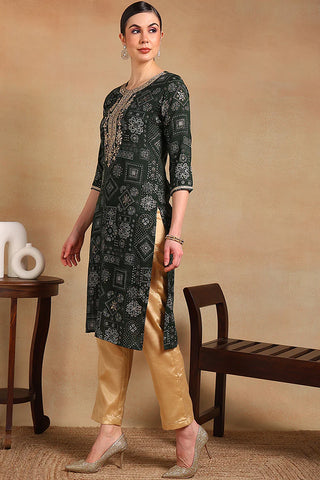 Green Silk Blend Ethnic Motif Print & Embroidered Straight Cut Kurta