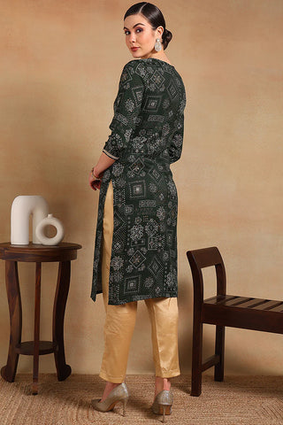 Green Silk Blend Ethnic Motif Print & Embroidered Straight Cut Kurta