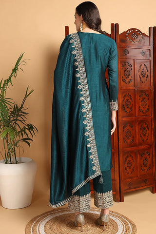 Green Silk Blend Embroidered Straight Shape Suit Set with Dupatta