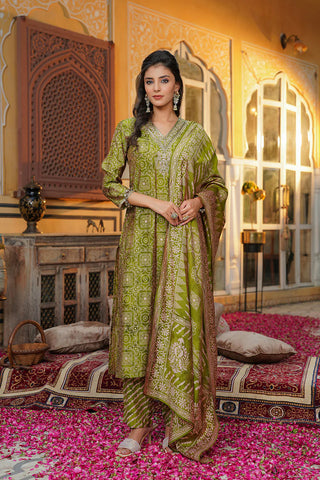 Green Silk Blend Floral Print & Embroidered Straight Shape Suit Set with Dupatta