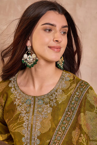 Green Silk Blend Straight Shape Floral Print Suit Set with Dupatta