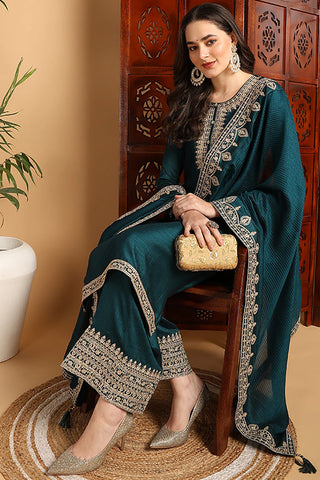 Green Silk Blend Embroidered Straight Shape Suit Set with Dupatta