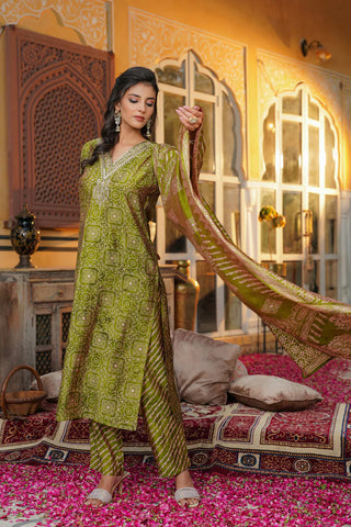 Green Silk Blend Floral Print & Embroidered Straight Shape Suit Set with Dupatta