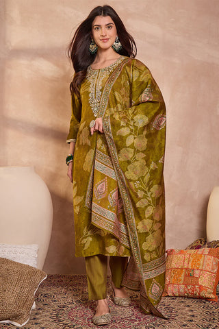 Green Silk Blend Straight Shape Floral Print Suit Set with Dupatta