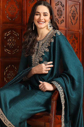 Green Silk Blend Embroidered Straight Shape Suit Set with Dupatta