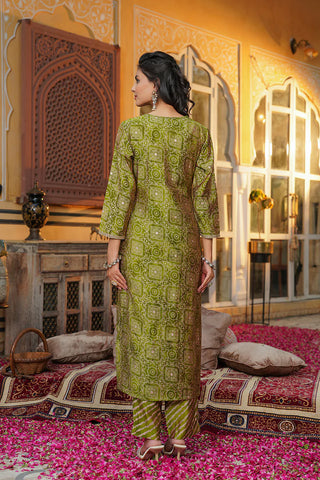Green Silk Blend Floral Print & Embroidered Straight Shape Suit Set with Dupatta