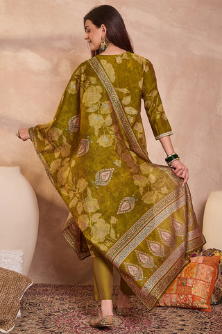 Green Silk Blend Straight Shape Floral Print Suit Set with Dupatta