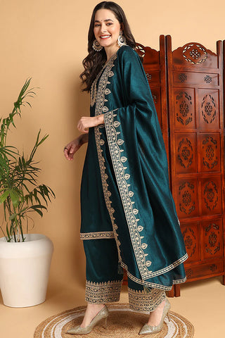 Green Silk Blend Embroidered Straight Shape Suit Set with Dupatta