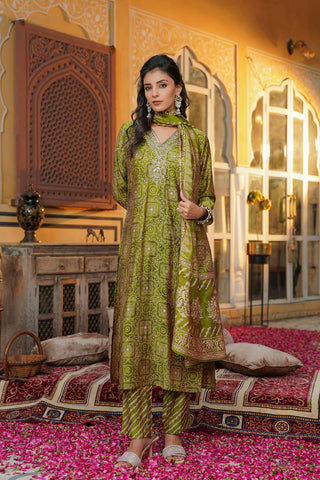 Green Silk Blend Floral Print & Embroidered Straight Shape Suit Set with Dupatta