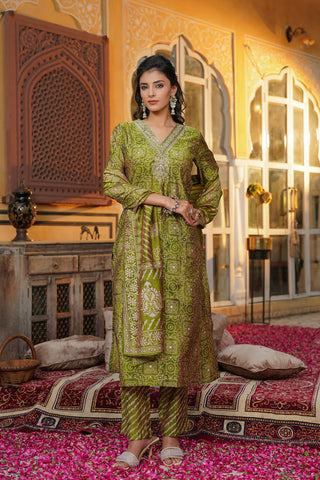 Green Silk Blend Floral Print & Embroidered Straight Shape Suit Set with Dupatta
