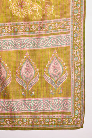 Green Silk Blend Straight Shape Floral Print Suit Set with Dupatta