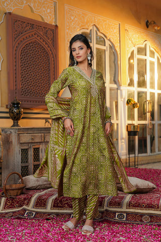 Green Silk Blend Floral Print & Embroidered Straight Shape Suit Set with Dupatta