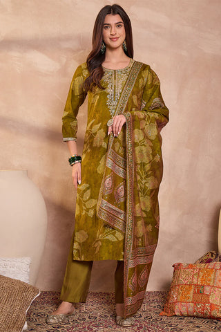 Green Silk Blend Straight Shape Floral Print Suit Set with Dupatta