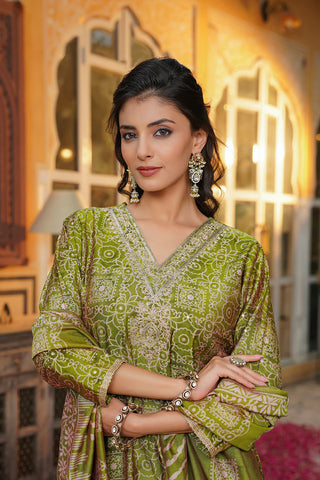 Green Silk Blend Floral Print & Embroidered Straight Shape Suit Set with Dupatta