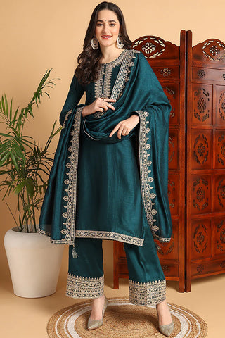 Green Silk Blend Embroidered Straight Shape Suit Set with Dupatta