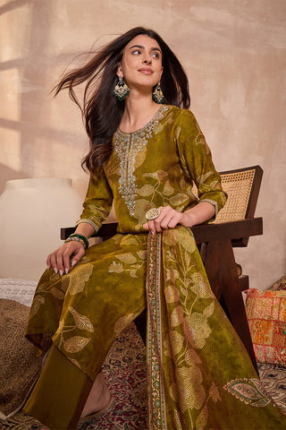 Green Silk Blend Straight Shape Floral Print Suit Set with Dupatta