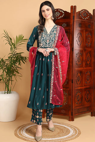 Green Silk Blend Yoke Design Flared Suit Set with Dupatta