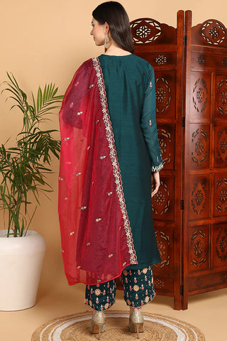 Green Silk Blend Yoke Design Flared Suit Set with Dupatta