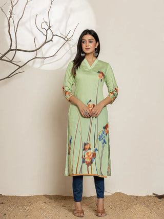 Green Silk Blend Digital Floral Printed Kurta