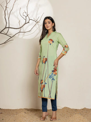 Green Silk Blend Digital Floral Printed Kurta