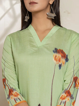 Green Silk Blend Digital Floral Printed Kurta