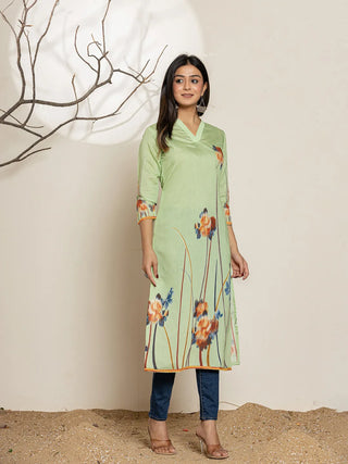 Green Silk Blend Digital Floral Printed Kurta