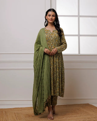 Green Hand Block Printed Suit Set With Dupatta