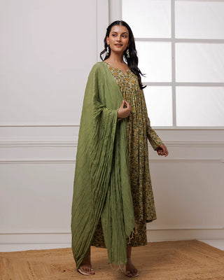 Green Hand Block Printed Suit Set With Dupatta
