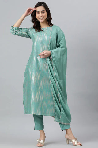 Poly Silk Green Striped Suit Set with Dupatta