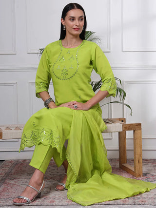 Lime Green Silk Blend Embroidered Suit Set with Dupatta