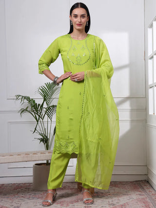 Lime Green Silk Blend Embroidered Suit Set with Dupatta