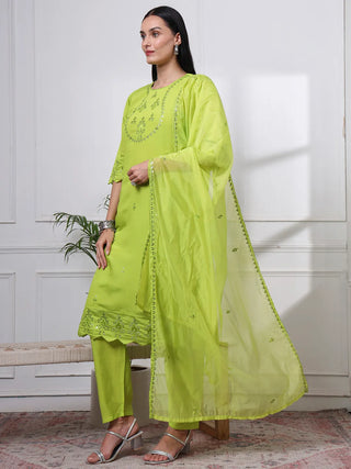 Lime Green Silk Blend Embroidered Suit Set with Dupatta