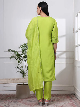 Lime Green Silk Blend Embroidered Suit Set with Dupatta