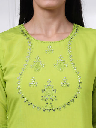 Lime Green Silk Blend Embroidered Suit Set with Dupatta
