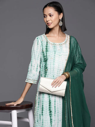 Green & White Cotton Leheriya Print Suit Set with Silk Chiffon Dupatta