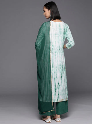 Green & White Cotton Leheriya Print Suit Set with Silk Chiffon Dupatta