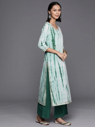 Green & White Cotton Leheriya Print Suit Set with Silk Chiffon Dupatta