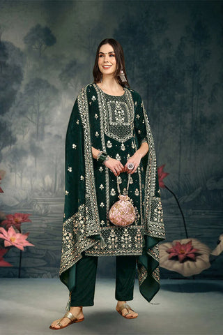 Green Velvet Ethnic Motif Embroidered Straight Shape Suit Set with Dupatta