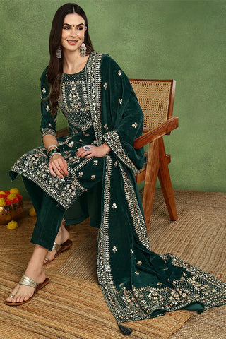 Green Velvet Ethnic Motif Embroidered Straight Shape Suit Set with Dupatta