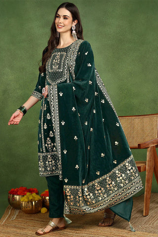 Green Velvet Ethnic Motif Embroidered Straight Shape Suit Set with Dupatta