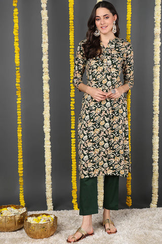 Green Viscose Rayon Floral Print Straight Shape Kurta