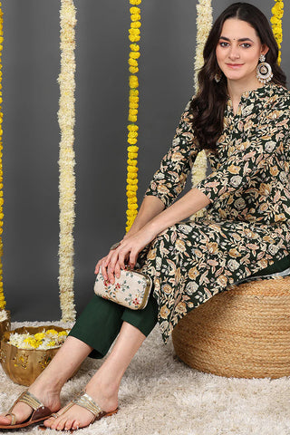 Green Viscose Rayon Floral Print Straight Shape Kurta