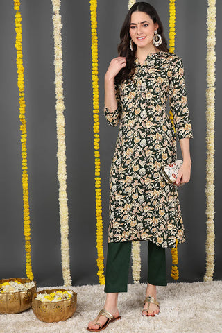 Green Viscose Rayon Floral Print Straight Shape Kurta